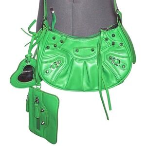 Green Y2K Style Studded Shoulder Bag Motocross Cyber Aesthetic Purse DAMAGED